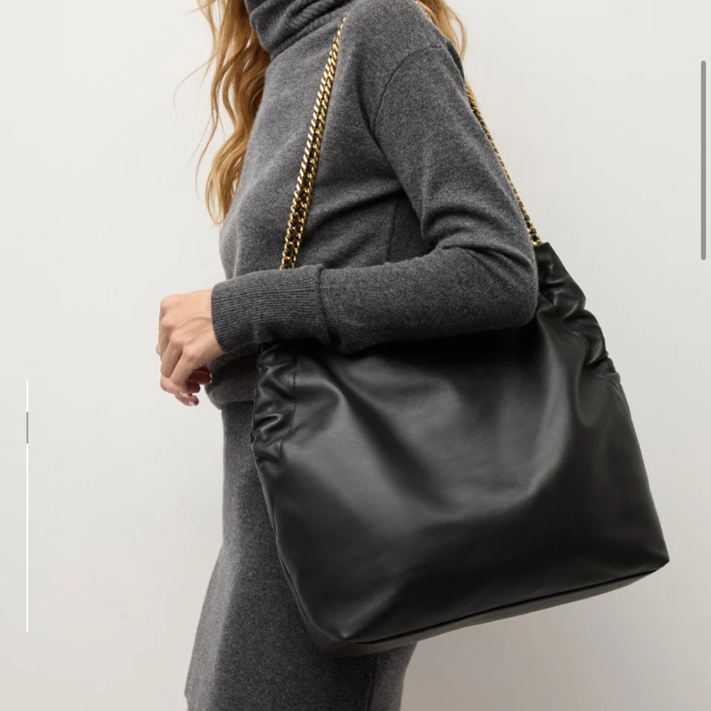 Veronica Beard Slouch Black Leather Shoulder Bag with Gold Chain